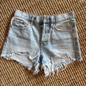 Mango Light Wash Frayed Denim Shorts